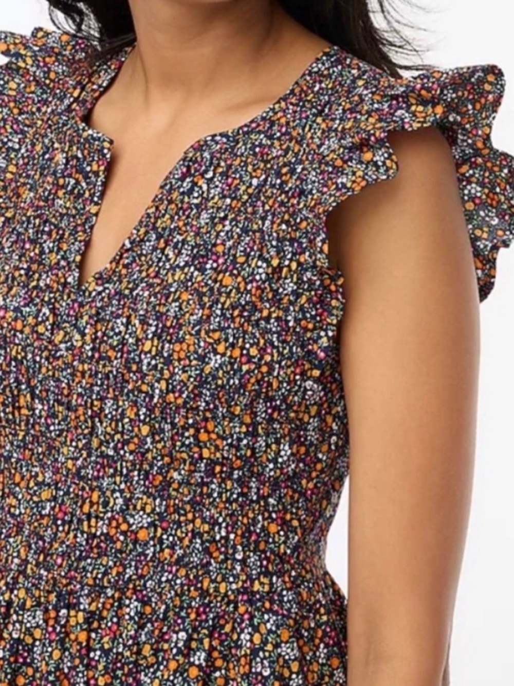 J. Crew - Smocked Ruffle Sleeve Floral Midi Dress - Navy Multi